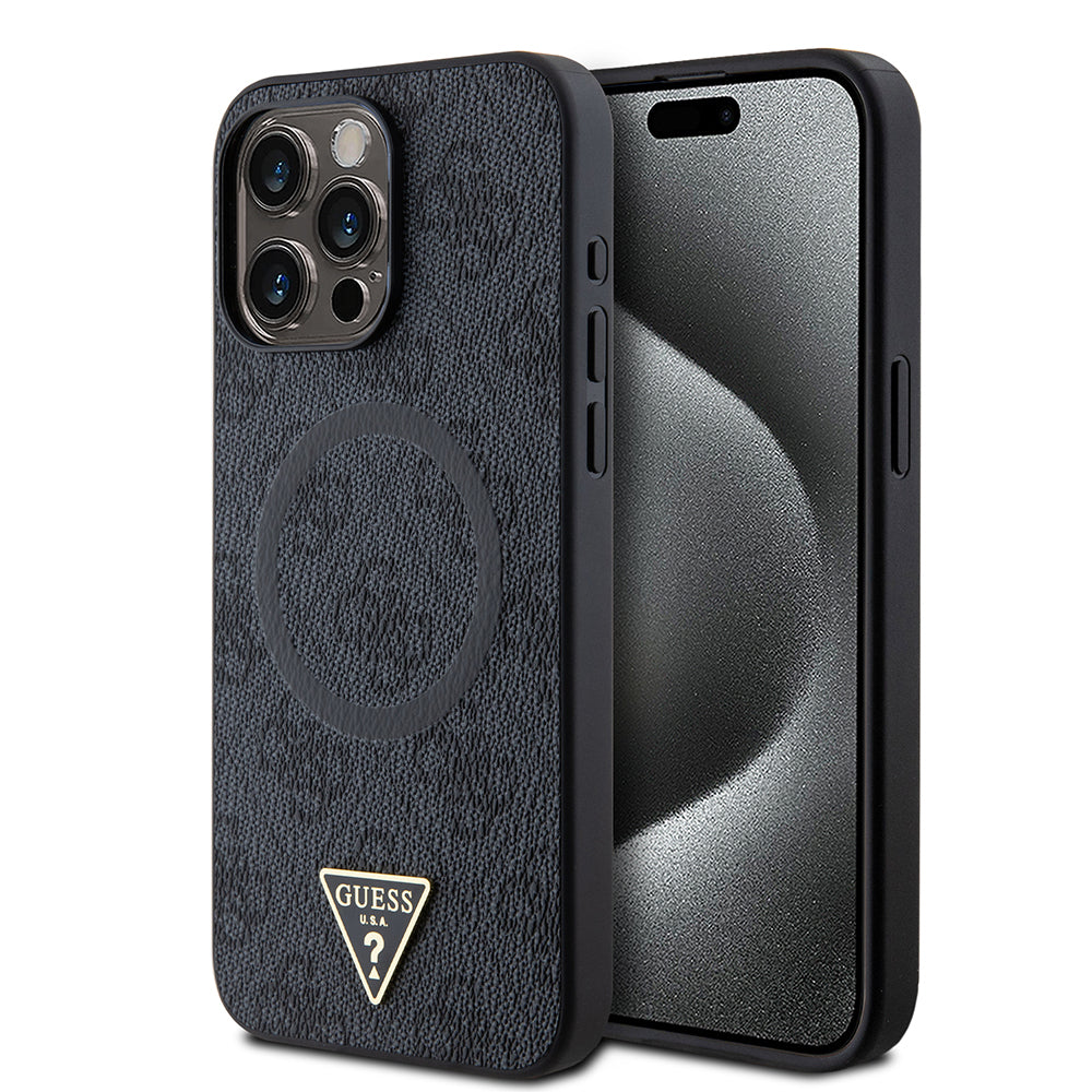 Guess iPhone 15 Pro Max Orjinal Lisanslı M-safe Şarj Özellikli PU Üçgen Logo 4G Desenli Kılıf