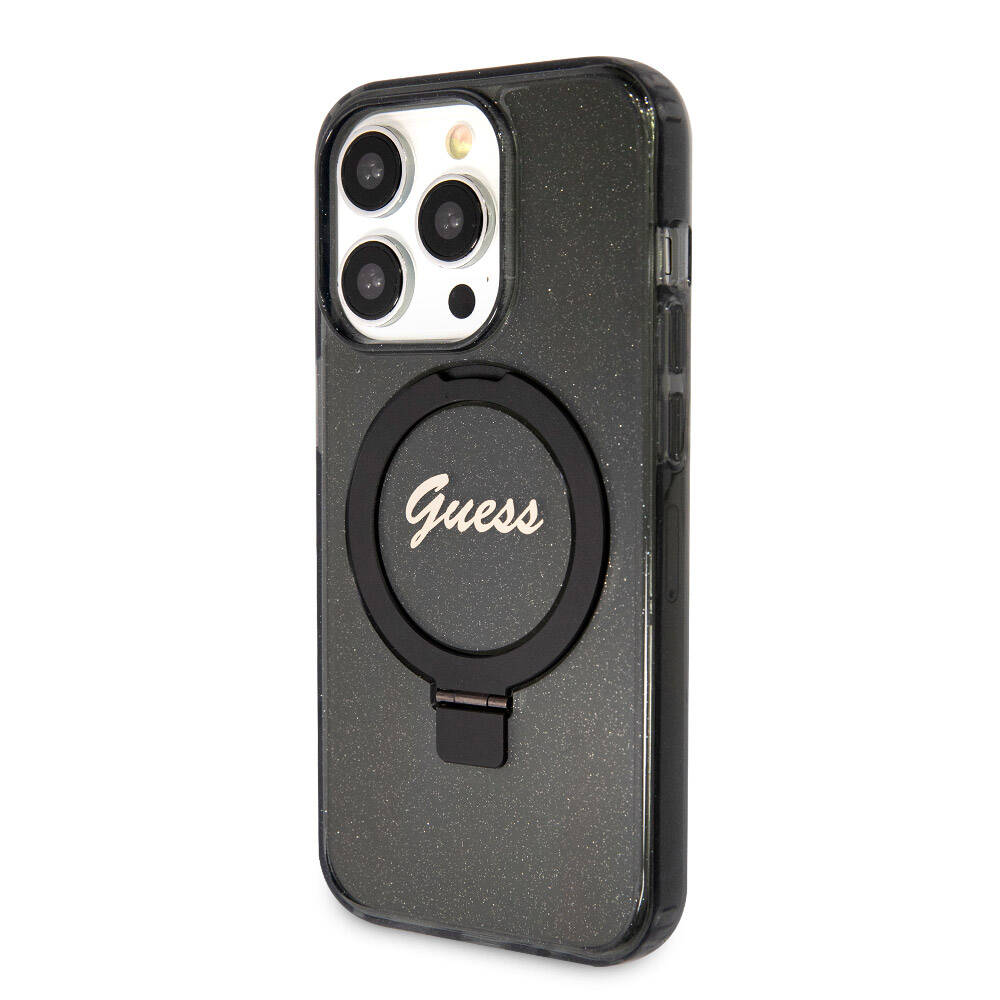 Guess iPhone 15 Pro Max Orjinal Lisanslı Magsafe Şarj Özellikli Simli Arka Yüzey Ring Standlı Telefon Kılıfı