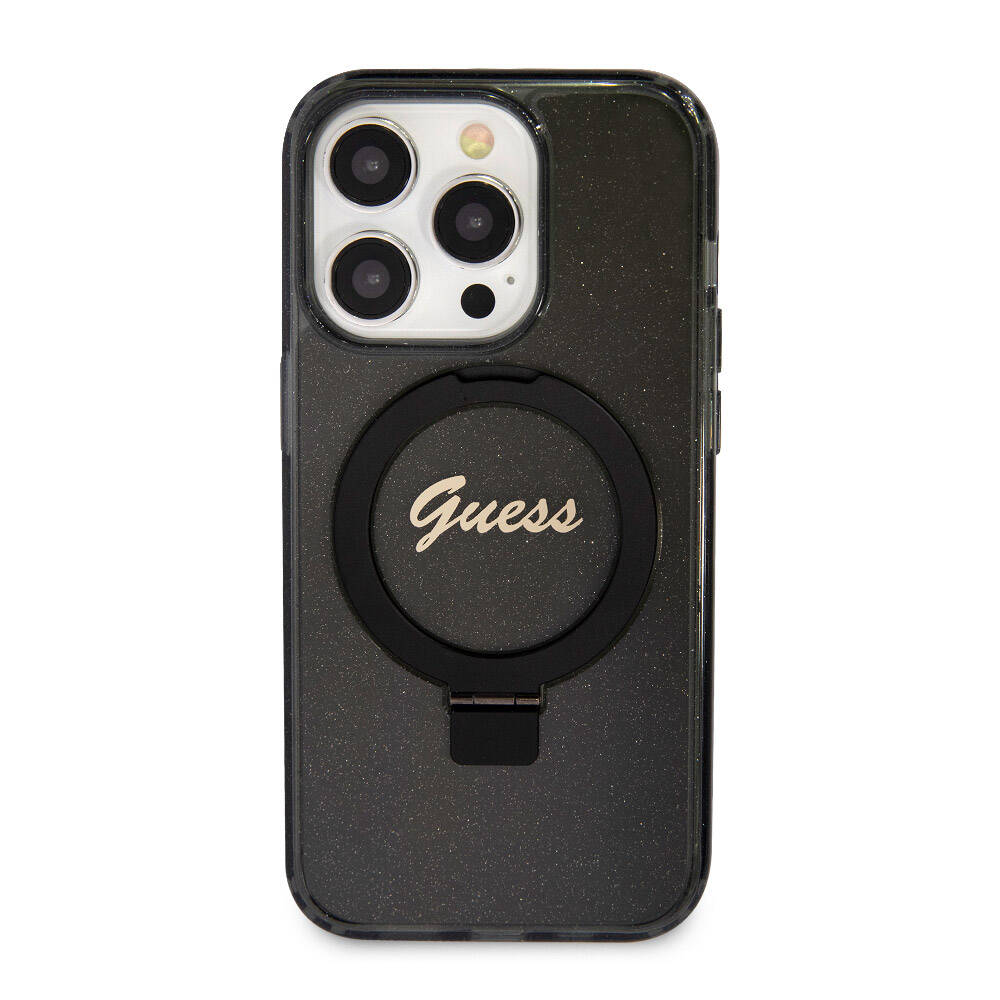 Guess iPhone 15 Pro Max Orjinal Lisanslı Magsafe Şarj Özellikli Simli Arka Yüzey Ring Standlı Telefon Kılıfı