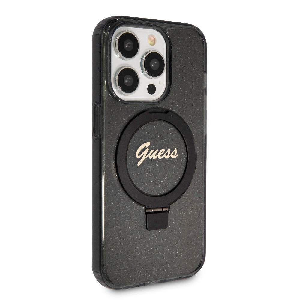 Guess iPhone 15 Pro Max Orjinal Lisanslı Magsafe Şarj Özellikli Simli Arka Yüzey Ring Standlı Telefon Kılıfı