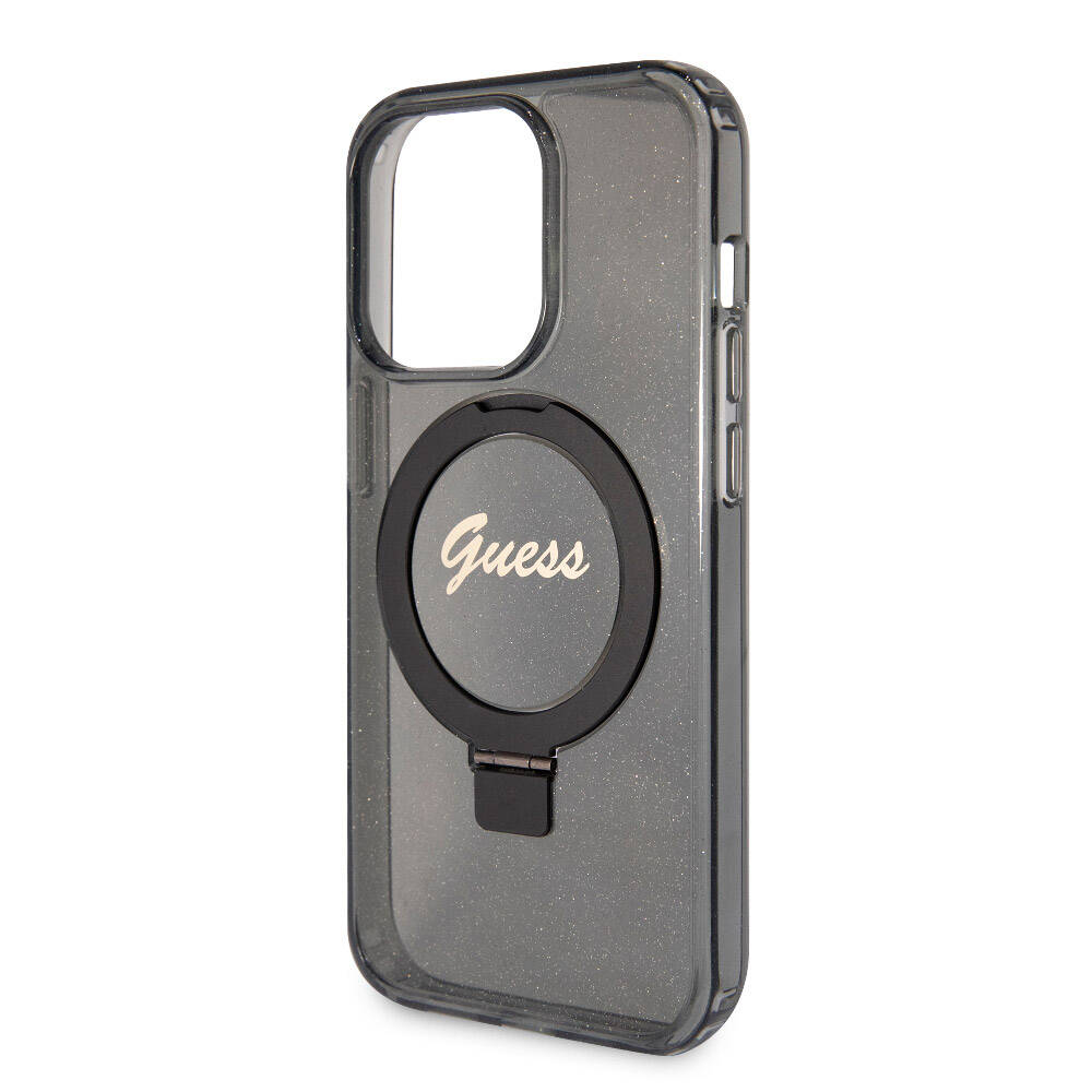 Guess iPhone 15 Pro Max Orjinal Lisanslı Magsafe Şarj Özellikli Simli Arka Yüzey Ring Standlı Telefon Kılıfı