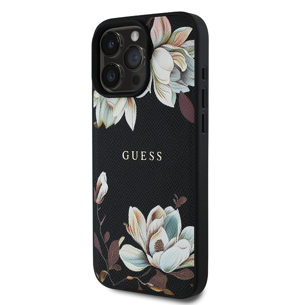 Guess iPhone 15 Pro Max Orjinal Lisanslı M-safe Şarj Özellikli Taneli Çiçek Tasarımlı Metal Yazı Logolu Kılıf