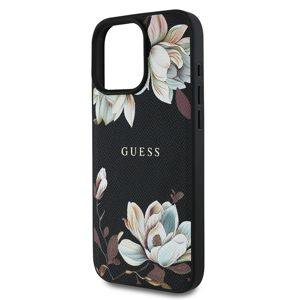 Guess iPhone 15 Pro Max Orjinal Lisanslı M-safe Şarj Özellikli Taneli Çiçek Tasarımlı Metal Yazı Logolu Kılıf