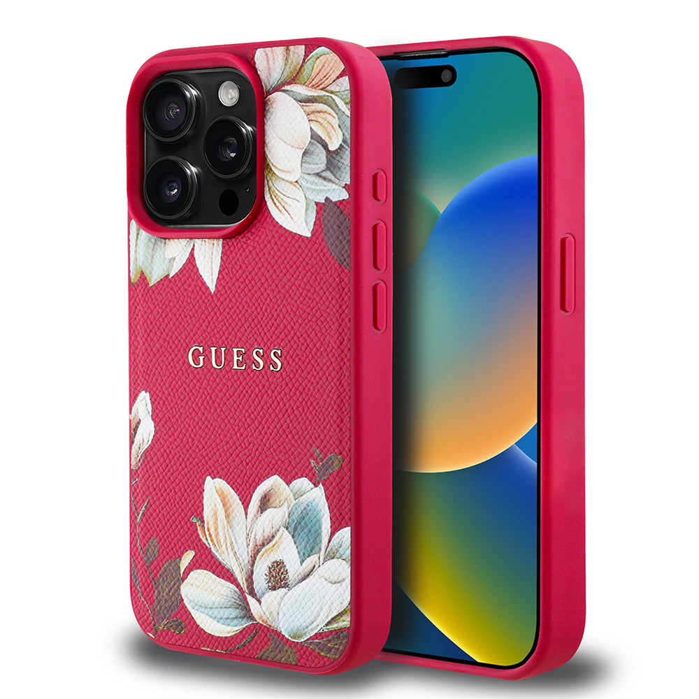 Guess iPhone 15 Pro Max Orjinal Lisanslı M-safe Şarj Özellikli Taneli Çiçek Tasarımlı Metal Yazı Logolu Kılıf