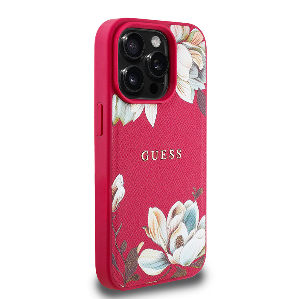 Guess iPhone 15 Pro Max Orjinal Lisanslı M-safe Şarj Özellikli Taneli Çiçek Tasarımlı Metal Yazı Logolu Kılıf