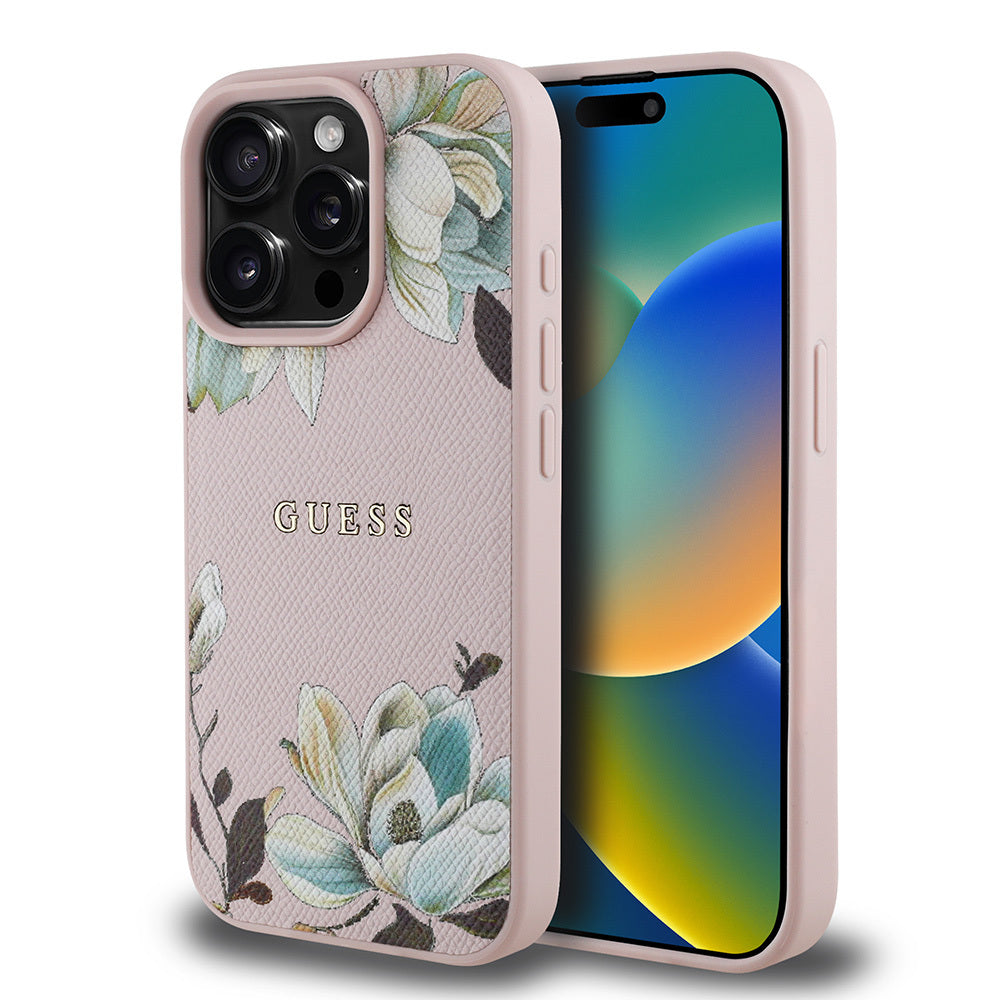 Guess iPhone 15 Pro Max Orjinal Lisanslı M-safe Şarj Özellikli Taneli Çiçek Tasarımlı Metal Yazı Logolu Kılıf