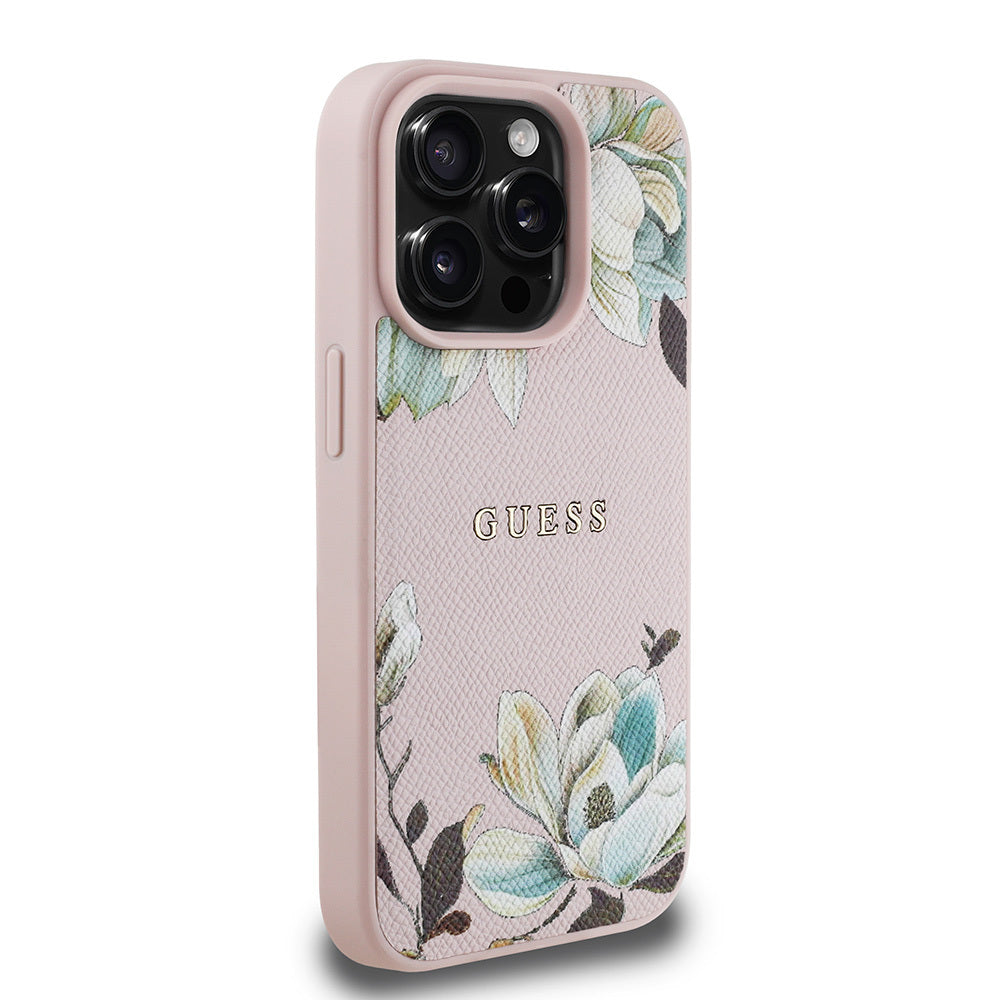 Guess iPhone 15 Pro Max Orjinal Lisanslı M-safe Şarj Özellikli Taneli Çiçek Tasarımlı Metal Yazı Logolu Kılıf