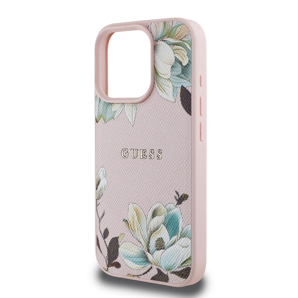 Guess iPhone 15 Pro Max Orjinal Lisanslı M-safe Şarj Özellikli Taneli Çiçek Tasarımlı Metal Yazı Logolu Kılıf