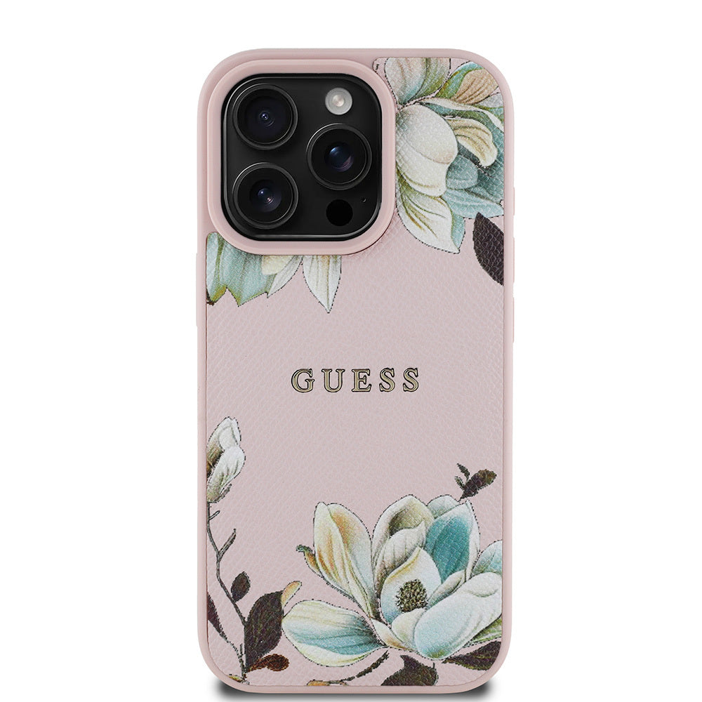 Guess iPhone 15 Pro Max Orjinal Lisanslı M-safe Şarj Özellikli Taneli Çiçek Tasarımlı Metal Yazı Logolu Kılıf