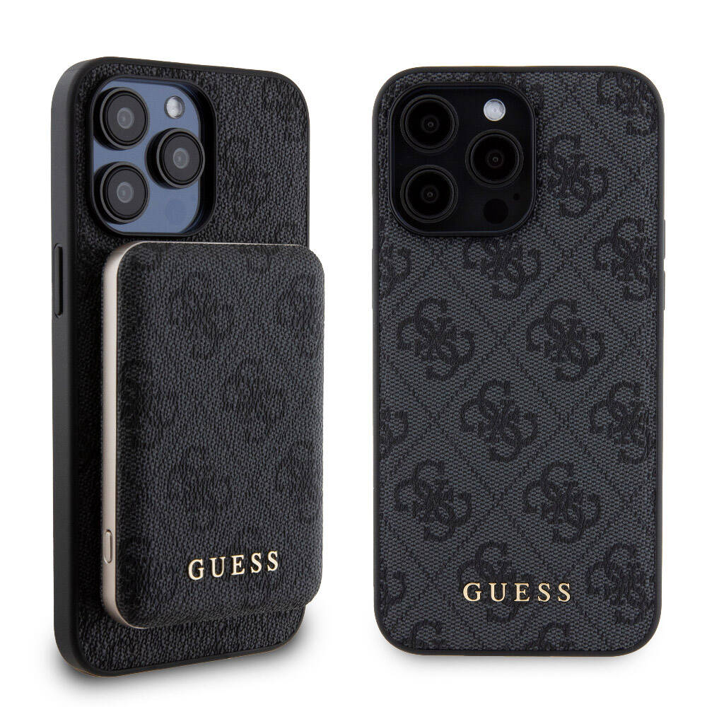 Guess iPhone 15 Pro Max Orjinal Lisanslı Magsafe Şarj Özellikli Yazı Logolu 4G Desenli Telefon Kılıfı + Powerbank 5000mAh 2in1 Set