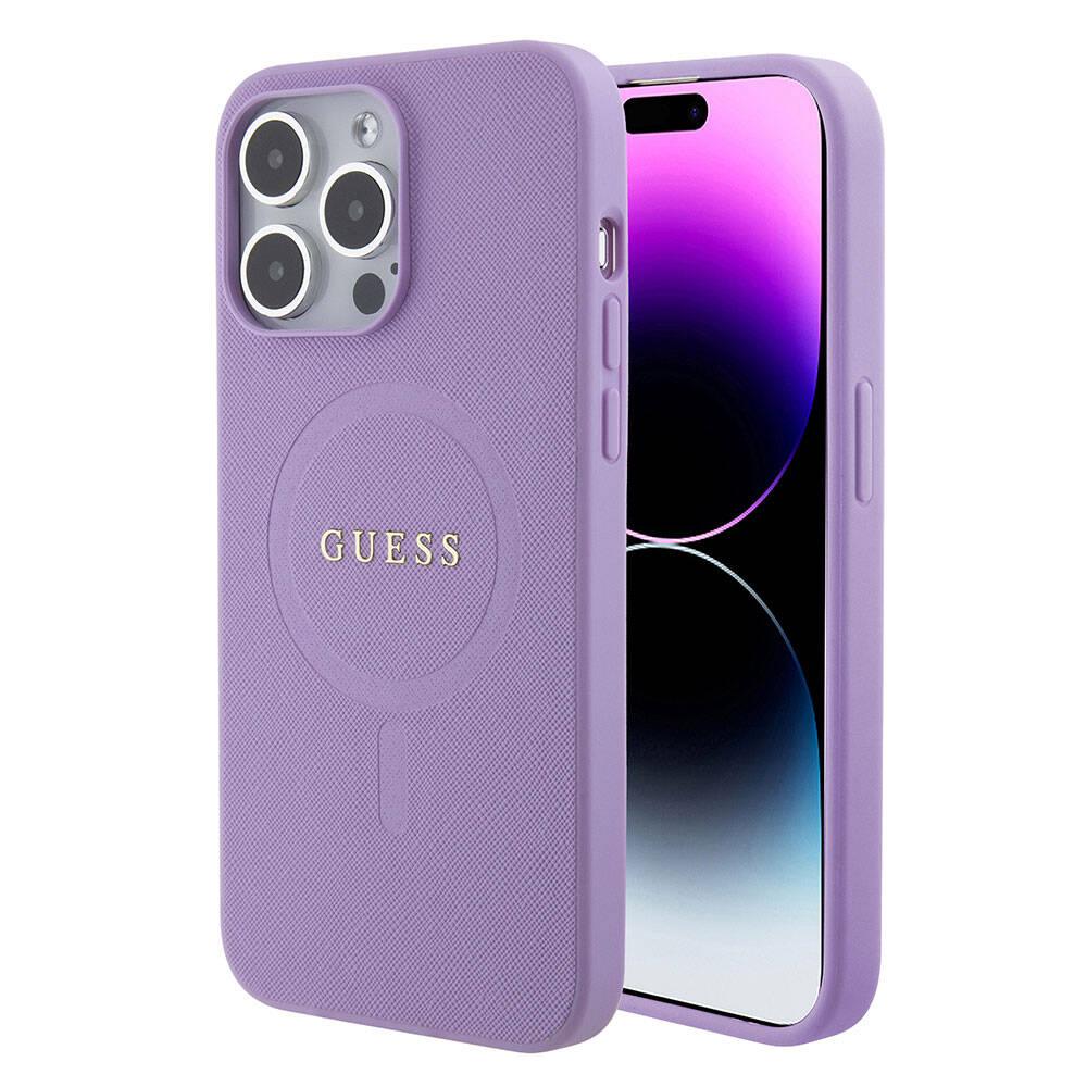 Guess iPhone 15 Pro Max Orjinal Lisanslı Magsafe Şarj Özellikli Yazı Logolu Saffiano Telefon Kılıfı