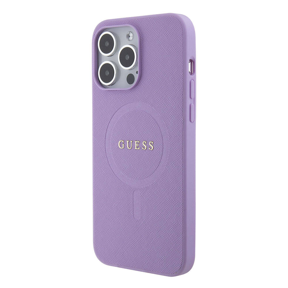 Guess iPhone 15 Pro Max Orjinal Lisanslı Magsafe Şarj Özellikli Yazı Logolu Saffiano Telefon Kılıfı