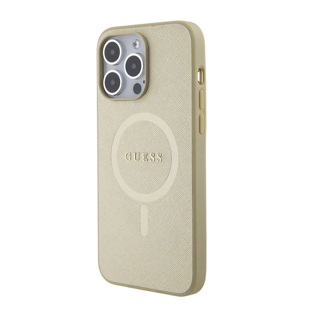 Guess iPhone 15 Pro Max Orjinal Lisanslı Magsafe Şarj Özellikli Yazı Logolu Saffiano Telefon Kılıfı