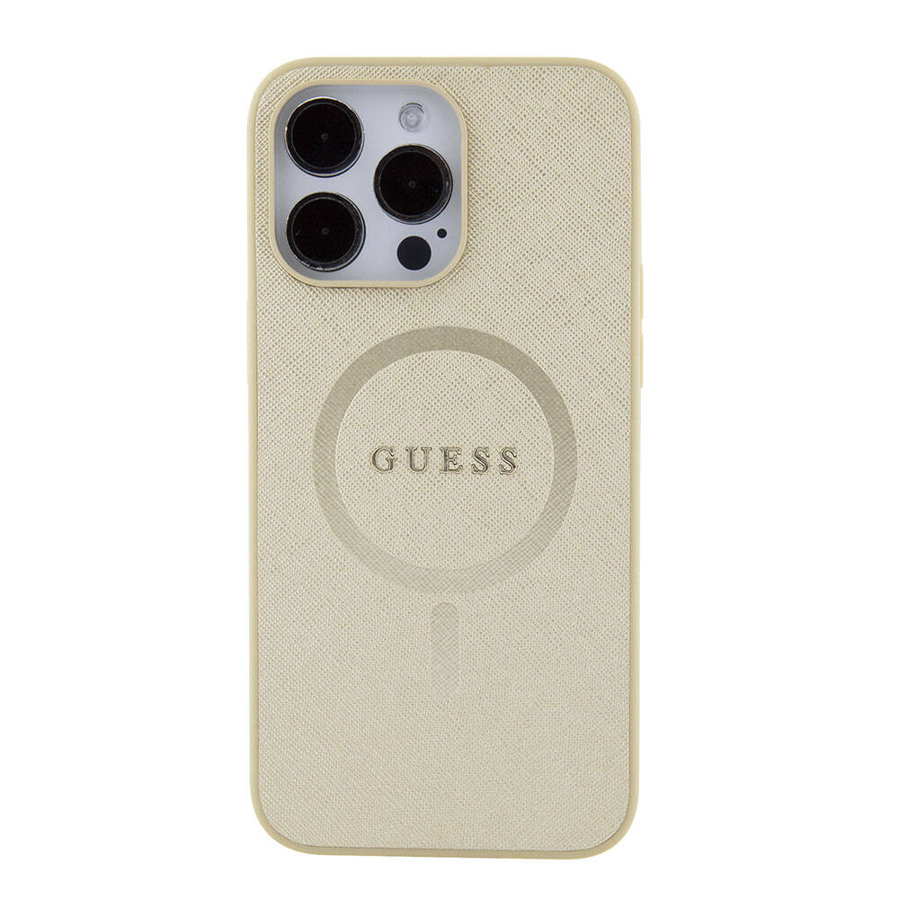 Guess iPhone 15 Pro Max Orjinal Lisanslı Magsafe Şarj Özellikli Yazı Logolu Saffiano Telefon Kılıfı