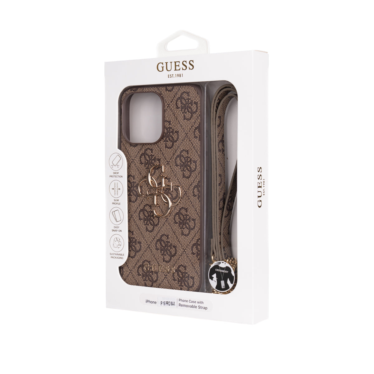 Guess iPhone 15 Pro Max Orjinal Lisanslı PU Deri 4G Büyük Metal Logolu Çapraz Vücut Askılı Telefon Kılıfı