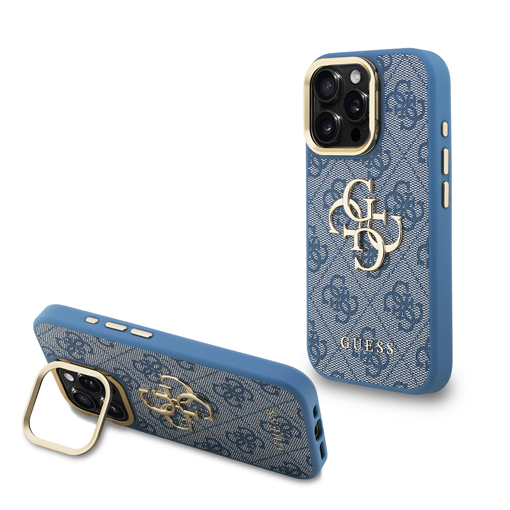 Guess iPhone 15 Pro Max Orjinal Lisanslı PU Deri 4G Desenli Metal Büyük 4G ve Yazı Logolu Kamera Standlı Kılıf