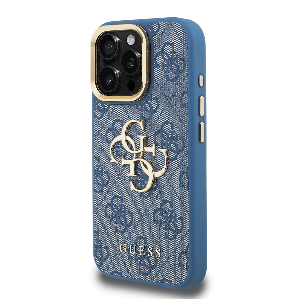 Guess iPhone 15 Pro Max Orjinal Lisanslı PU Deri 4G Desenli Metal Büyük 4G ve Yazı Logolu Kamera Standlı Kılıf