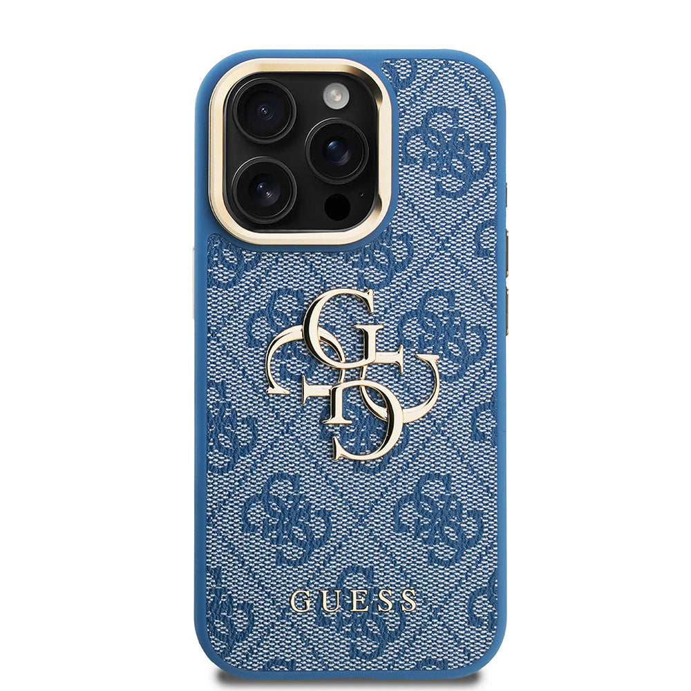 Guess iPhone 15 Pro Max Orjinal Lisanslı PU Deri 4G Desenli Metal Büyük 4G ve Yazı Logolu Kamera Standlı Kılıf