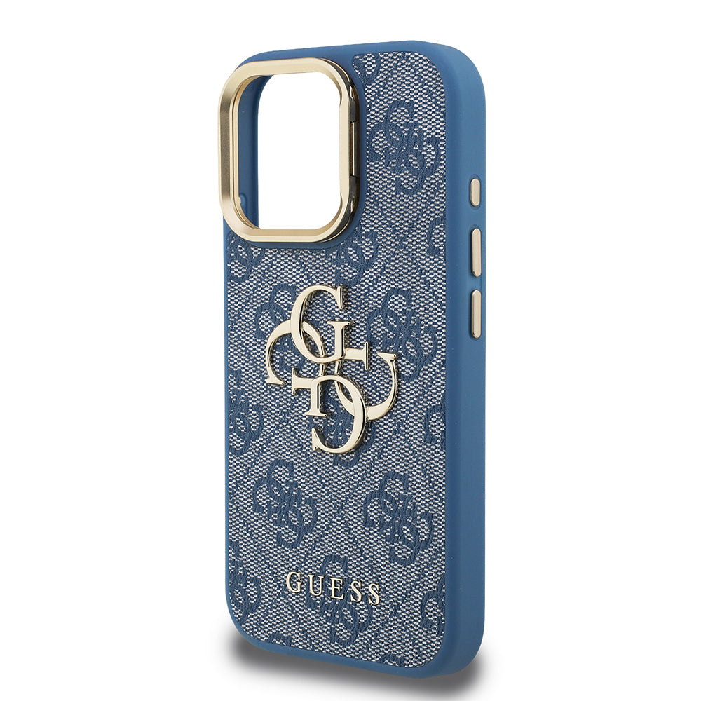 Guess iPhone 15 Pro Max Orjinal Lisanslı PU Deri 4G Desenli Metal Büyük 4G ve Yazı Logolu Kamera Standlı Kılıf
