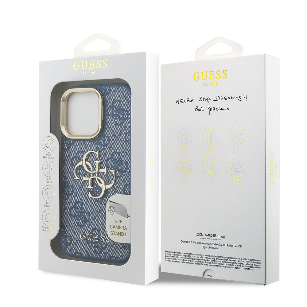 Guess iPhone 15 Pro Max Orjinal Lisanslı PU Deri 4G Desenli Metal Büyük 4G ve Yazı Logolu Kamera Standlı Kılıf