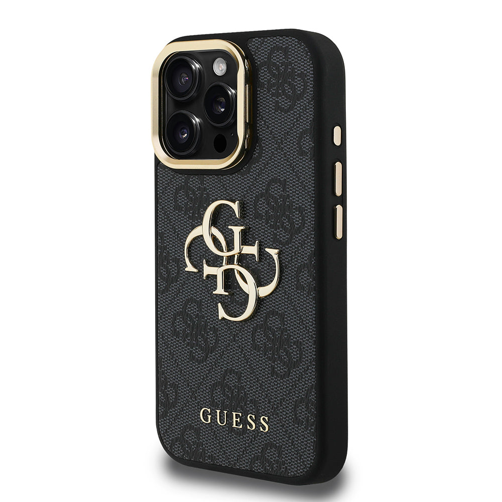 Guess iPhone 15 Pro Max Orjinal Lisanslı PU Deri 4G Desenli Metal Büyük 4G ve Yazı Logolu Kamera Standlı Kılıf