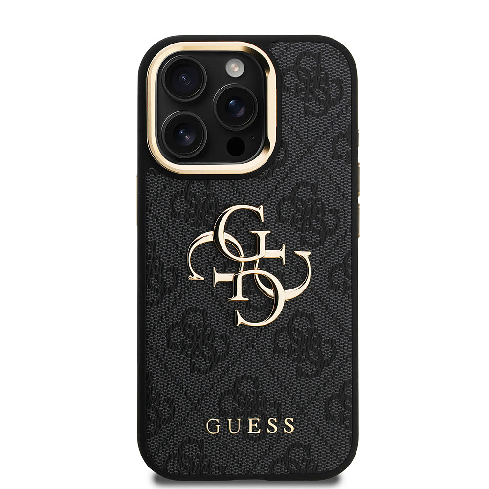 Guess iPhone 15 Pro Max Orjinal Lisanslı PU Deri 4G Desenli Metal Büyük 4G ve Yazı Logolu Kamera Standlı Kılıf