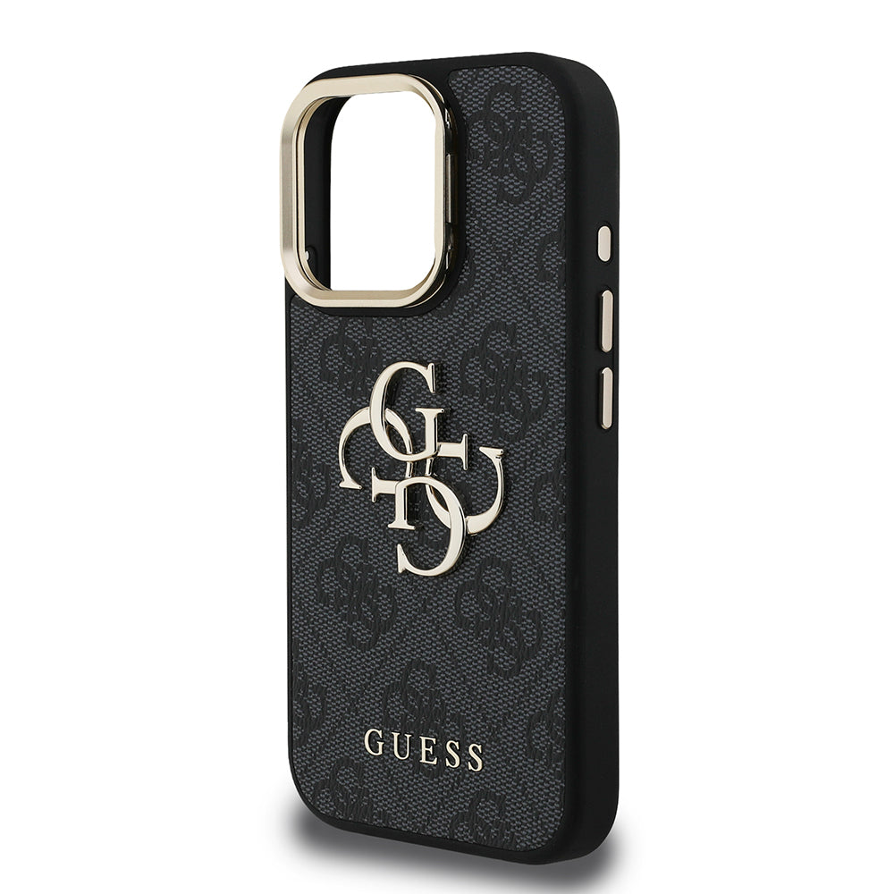 Guess iPhone 15 Pro Max Orjinal Lisanslı PU Deri 4G Desenli Metal Büyük 4G ve Yazı Logolu Kamera Standlı Kılıf