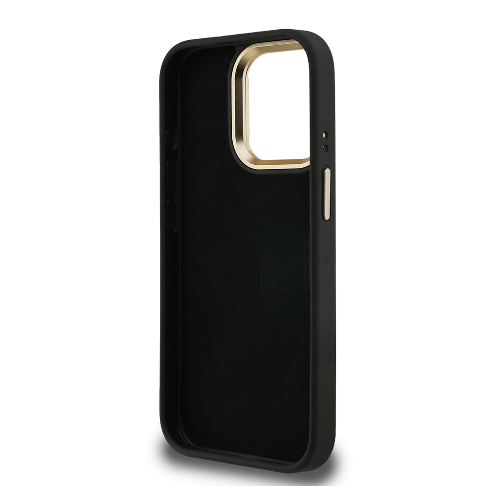 Guess iPhone 15 Pro Max Orjinal Lisanslı PU Deri 4G Desenli Metal Büyük 4G ve Yazı Logolu Kamera Standlı Kılıf