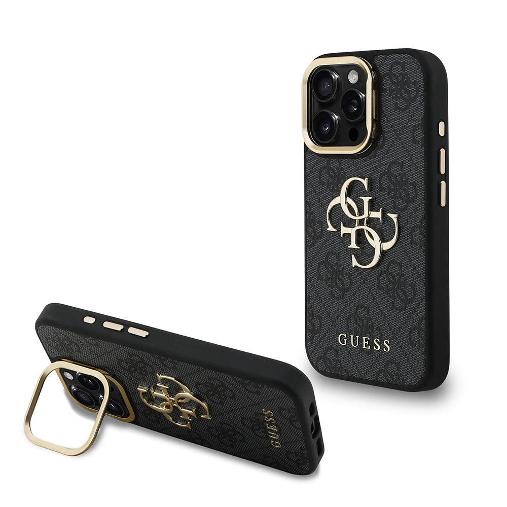 Guess iPhone 15 Pro Max Orjinal Lisanslı PU Deri 4G Desenli Metal Büyük 4G ve Yazı Logolu Kamera Standlı Kılıf