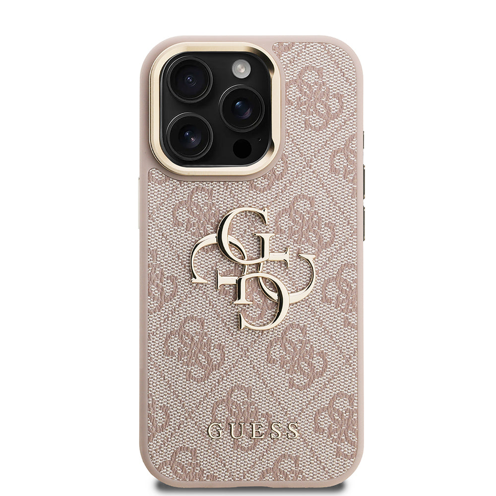 Guess iPhone 15 Pro Max Orjinal Lisanslı PU Deri 4G Desenli Metal Büyük 4G ve Yazı Logolu Kamera Standlı Kılıf