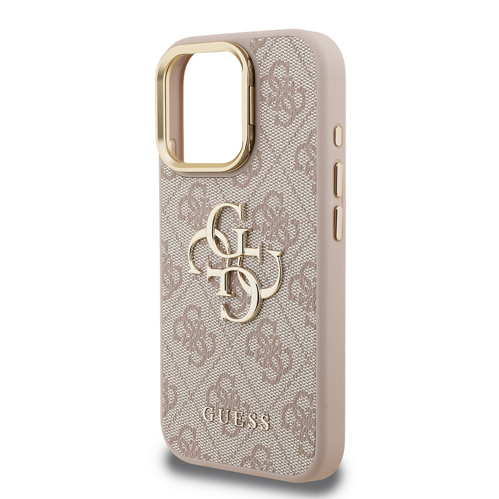 Guess iPhone 15 Pro Max Orjinal Lisanslı PU Deri 4G Desenli Metal Büyük 4G ve Yazı Logolu Kamera Standlı Kılıf
