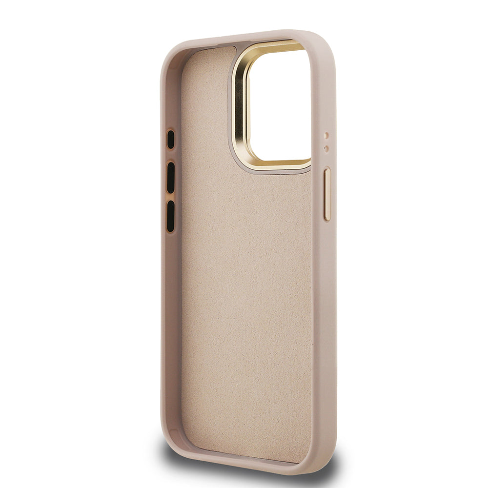 Guess iPhone 15 Pro Max Orjinal Lisanslı PU Deri 4G Desenli Metal Büyük 4G ve Yazı Logolu Kamera Standlı Kılıf