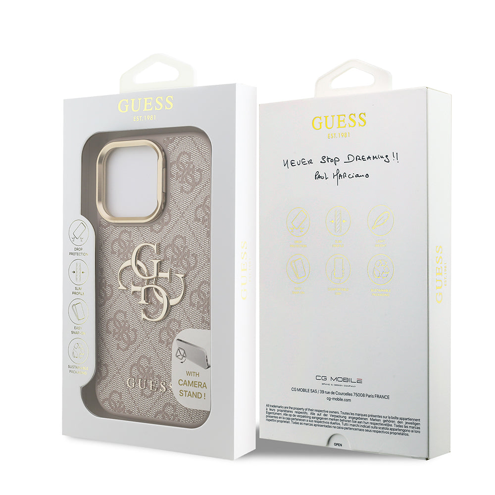 Guess iPhone 15 Pro Max Orjinal Lisanslı PU Deri 4G Desenli Metal Büyük 4G ve Yazı Logolu Kamera Standlı Kılıf