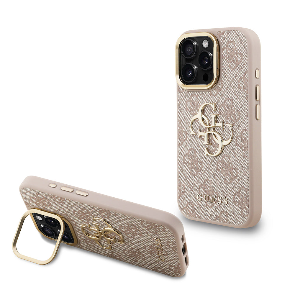 Guess iPhone 15 Pro Max Orjinal Lisanslı PU Deri 4G Desenli Metal Büyük 4G ve Yazı Logolu Kamera Standlı Kılıf