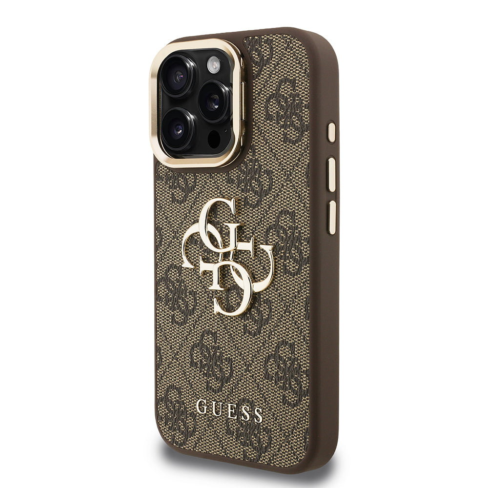 Guess iPhone 15 Pro Max Orjinal Lisanslı PU Deri 4G Desenli Metal Büyük 4G ve Yazı Logolu Kamera Standlı Kılıf