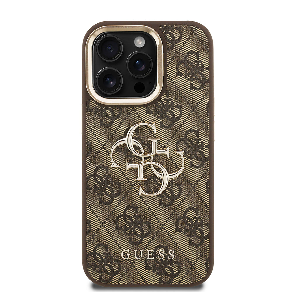 Guess iPhone 15 Pro Max Orjinal Lisanslı PU Deri 4G Desenli Metal Büyük 4G ve Yazı Logolu Kamera Standlı Kılıf