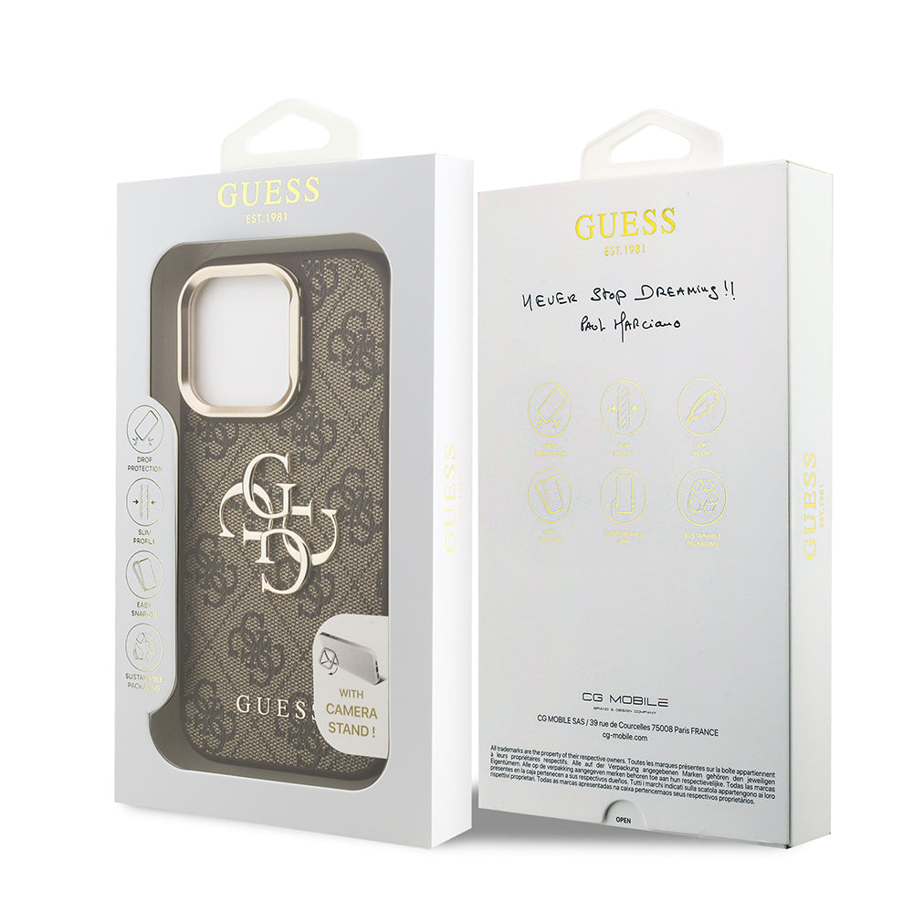 Guess iPhone 15 Pro Max Orjinal Lisanslı PU Deri 4G Desenli Metal Büyük 4G ve Yazı Logolu Kamera Standlı Kılıf