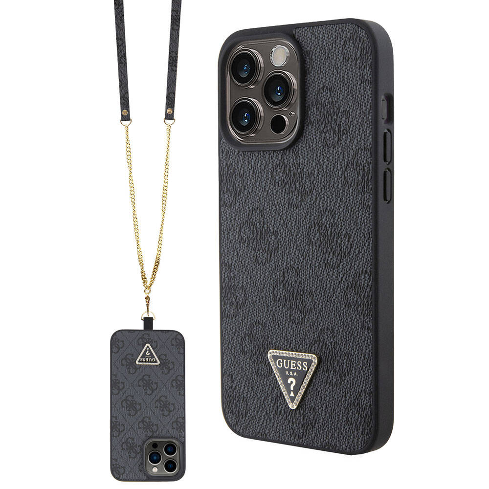 Guess iPhone 15 Pro Max Orjinal Lisanslı PU Deri Askılı Taşlı Üçgen Logo 4G Desenli Strass Crossbody Telefon Kılıfı - 1