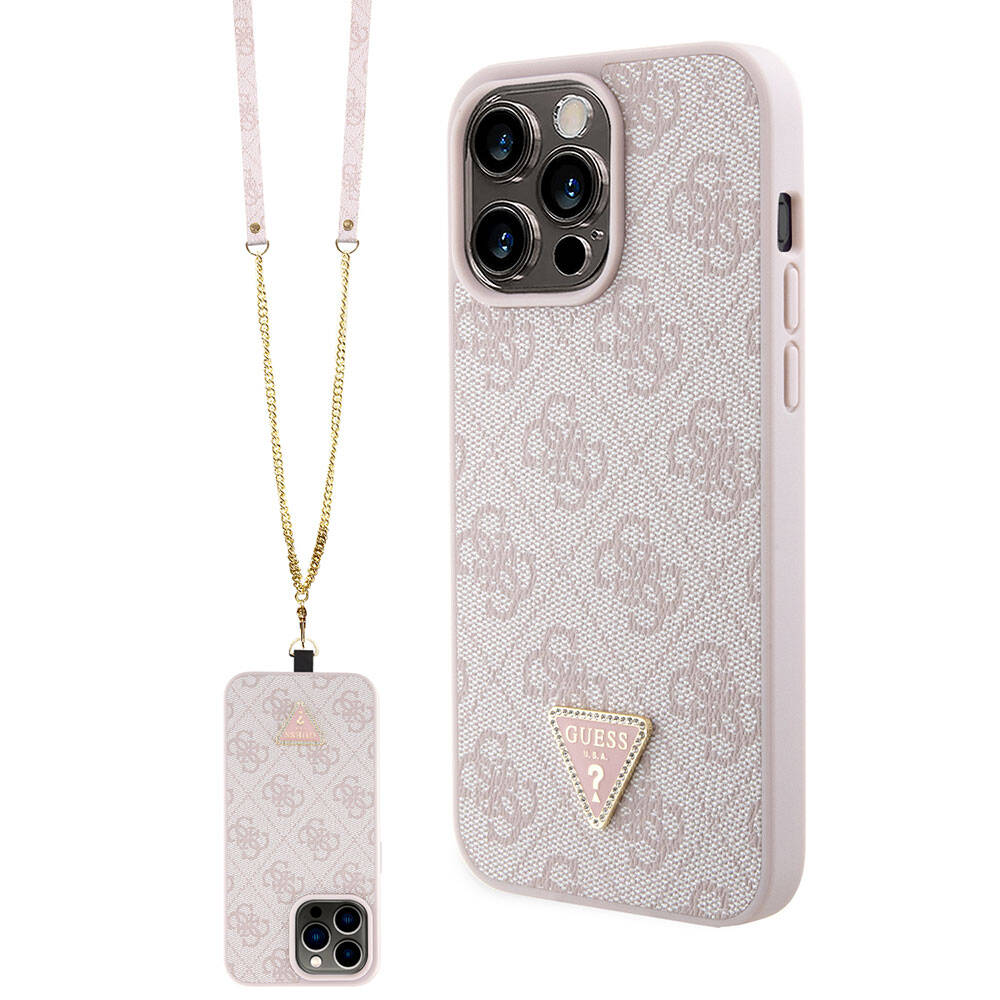 Guess iPhone 15 Pro Max Orjinal Lisanslı PU Deri Askılı Taşlı Üçgen Logo 4G Desenli Strass Crossbody Telefon Kılıfı