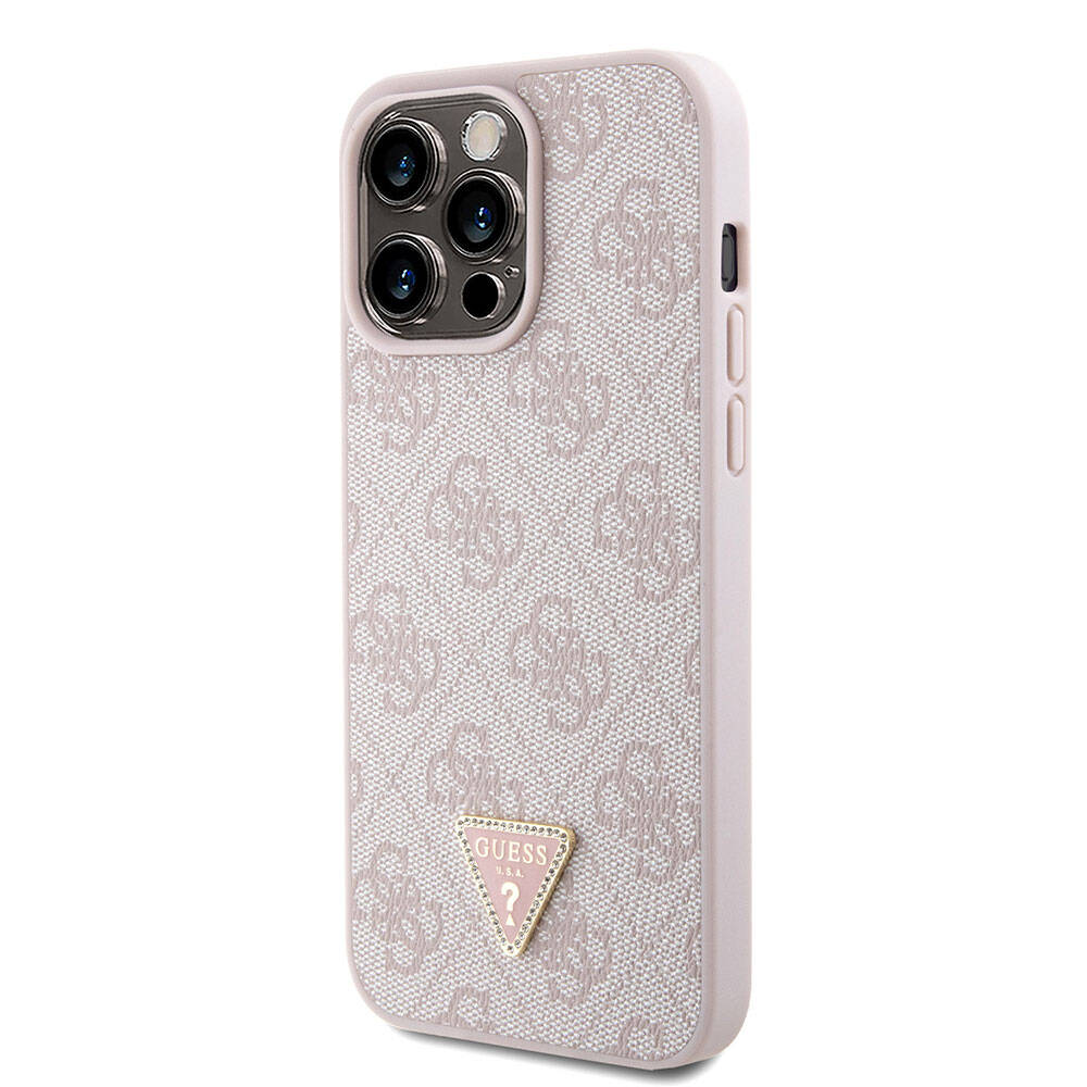 Guess iPhone 15 Pro Max Orjinal Lisanslı PU Deri Askılı Taşlı Üçgen Logo 4G Desenli Strass Crossbody Telefon Kılıfı