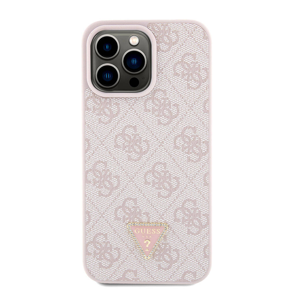 Guess iPhone 15 Pro Max Orjinal Lisanslı PU Deri Askılı Taşlı Üçgen Logo 4G Desenli Strass Crossbody Telefon Kılıfı