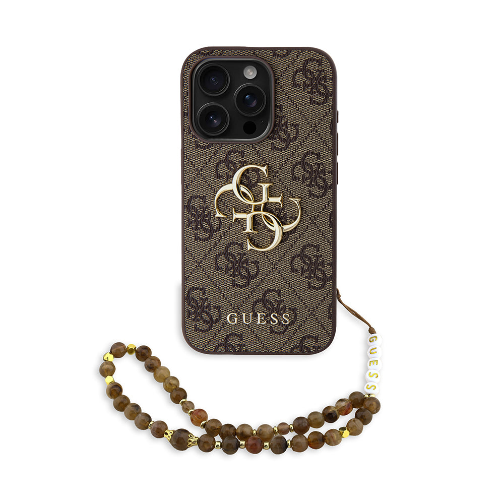 Guess iPhone 15 Pro Max Orjinal Lisanslı PU Deri Bilek Askı İpli Metal Büyük 4G ve Yazı Logolu Kılıf