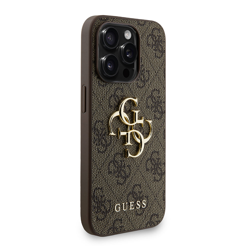 Guess iPhone 15 Pro Max Orjinal Lisanslı PU Deri Bilek Askı İpli Metal Büyük 4G ve Yazı Logolu Kılıf