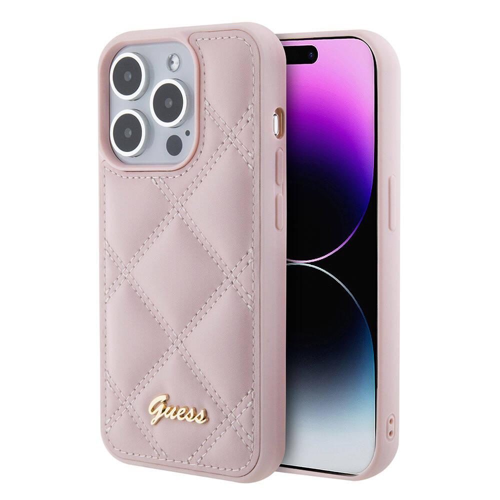 Guess iPhone 15 Pro Max Orjinal Lisanslı PU Deri Metal Yazı Logolu Kapitone Telefon Kılıfı