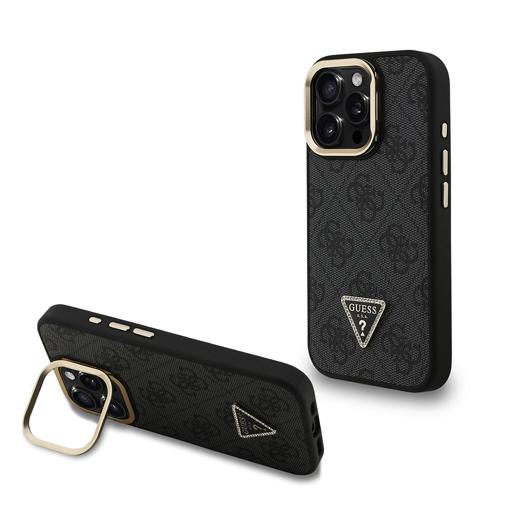 Guess iPhone 15 Pro Max Orjinal Lisanslı PU Deri Taşlı Üçgen Logo 4G Desenli Kamera Standlı Magsafe Telefon Kılıfı