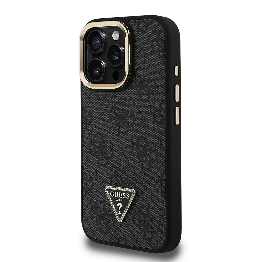 Guess iPhone 15 Pro Max Orjinal Lisanslı PU Deri Taşlı Üçgen Logo 4G Desenli Kamera Standlı Magsafe Telefon Kılıfı