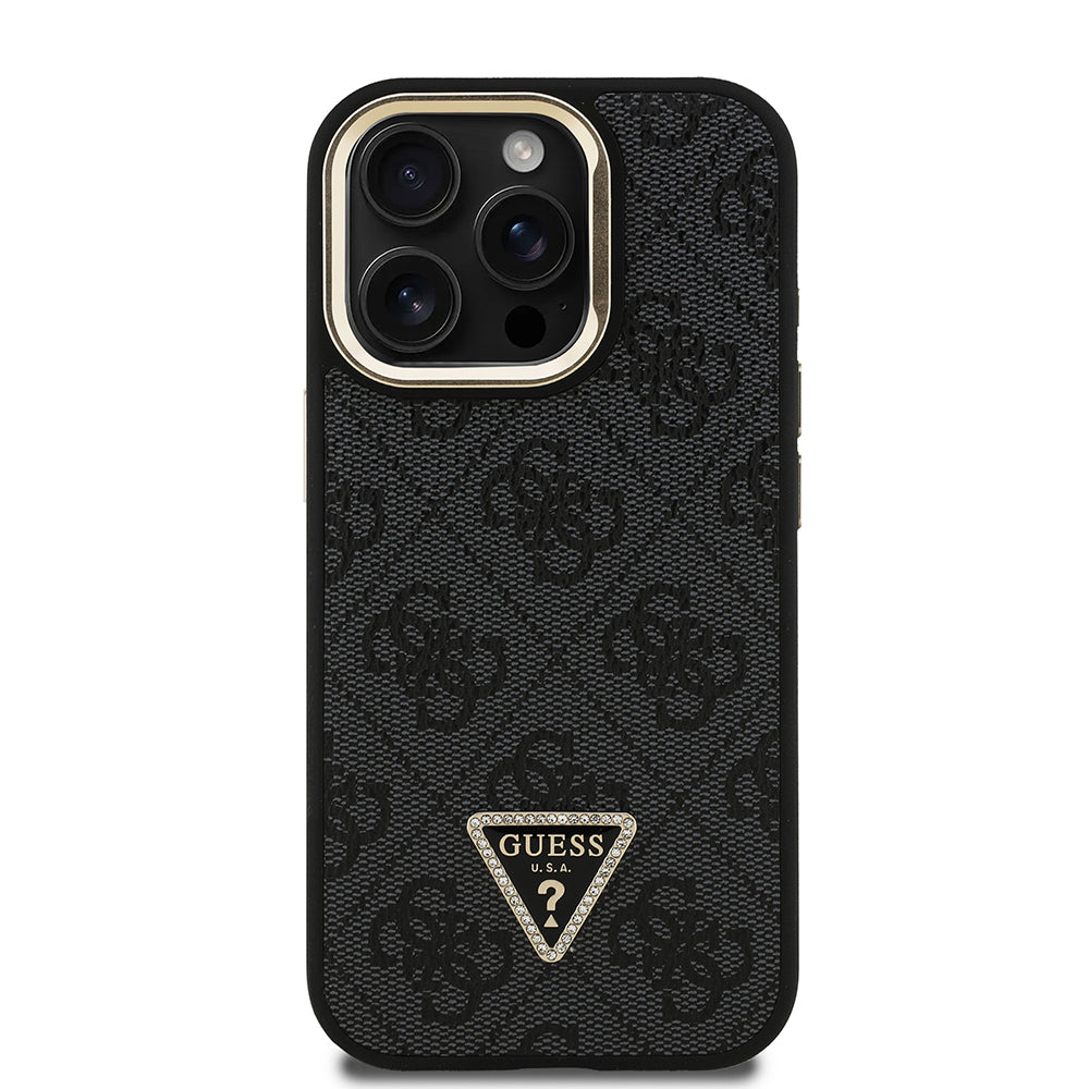Guess iPhone 15 Pro Max Orjinal Lisanslı PU Deri Taşlı Üçgen Logo 4G Desenli Kamera Standlı Magsafe Telefon Kılıfı