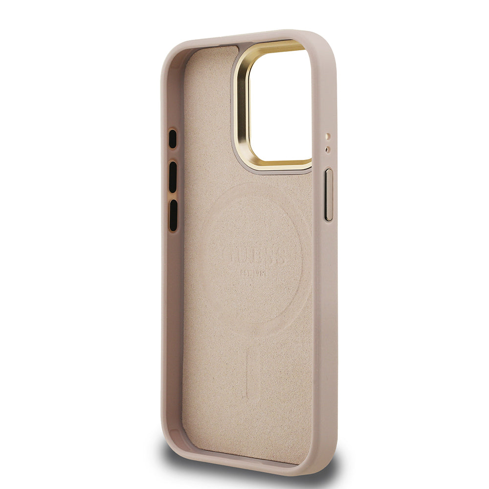 Guess iPhone 15 Pro Max Orjinal Lisanslı PU Deri Taşlı Üçgen Logo 4G Desenli Kamera Standlı Magsafe Telefon Kılıfı