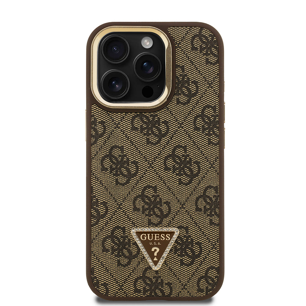 Guess iPhone 15 Pro Max Orjinal Lisanslı PU Deri Taşlı Üçgen Logo 4G Desenli Kamera Standlı Magsafe Telefon Kılıfı