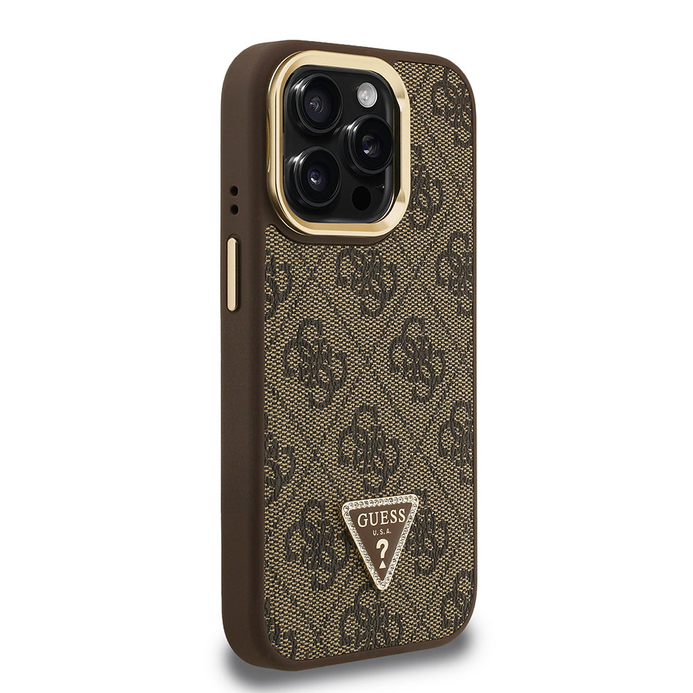 Guess iPhone 15 Pro Max Orjinal Lisanslı PU Deri Taşlı Üçgen Logo 4G Desenli Kamera Standlı Magsafe Telefon Kılıfı